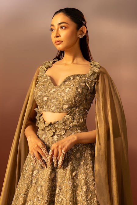 Ruceru_Green Organza Cut Work Sweetheart Neck Floral Cutdana Cape Sleeve Gown _Online_at_Aza_Fashions