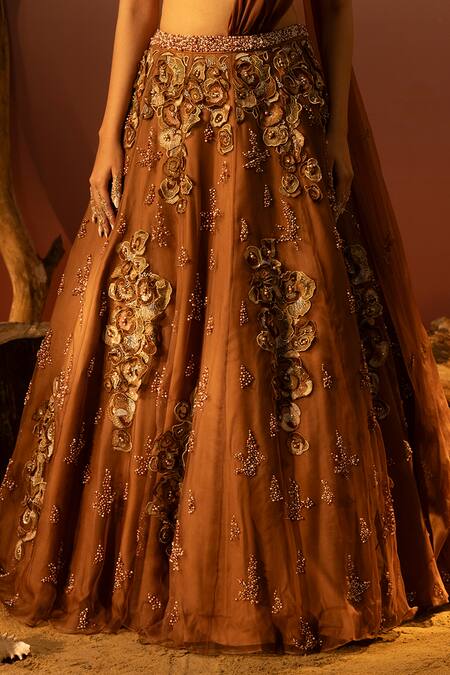Buy Ruceru Brown Silk Organza Pearls, Embroidery, Fabric Flowers 3d Floral Lehenga Set Online at Aza Fashions Buy_Ruceru_Brown Silk Organza Pearls, Embroidery, Fabric Flowers 3d Floral Lehenga Set _Online_at_Aza_Fashions