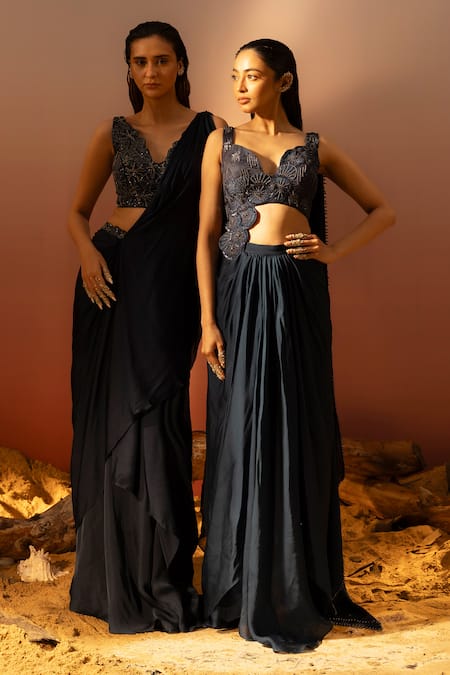 Ruceru Navy Blue Hand Embroidered Blouse & Draped Skirt 