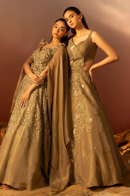 Ruceru_Green Tissue, Organza Pearls, Sequins, Floral Hand Embroidered Cut-out Gown _Online_at_Aza_Fashions