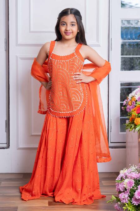 Shop Kirti Agarwal - Pret N Couture Orange Organza, Georgette Sequins, Pearls, Embroidery Scallop Kurta Sharara Set Online at Aza Fashions Shop_Kirti Agarwal - Pret N Couture_Orange Organza, Georgette Sequins, Pearls, Embroidery Scallop Kurta Sharara Set_Online_at_Aza_Fashions