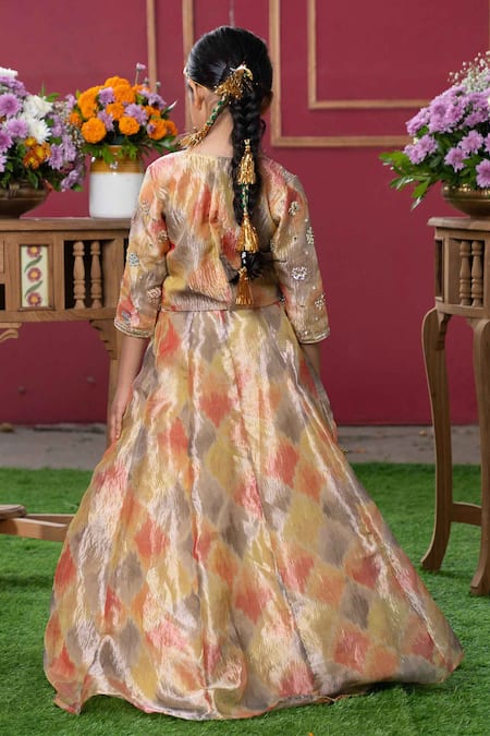 Kirti Agarwal - Pret N Couture_Orange Tissue, Silk, Cotton Sequins, Tassels, Gradient Ikat Print Lehenga Set _Online_at_Aza_Fashions