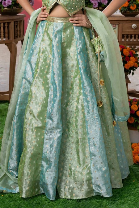 Buy_Kirti Agarwal - Pret N Couture_Green Tissue, Cotton, Silk Zari, Sequins, Gradient Panelled Lehenga Set _Online_at_Aza_Fashions