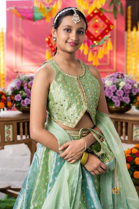 Shop_Kirti Agarwal - Pret N Couture_Green Tissue, Cotton, Silk Zari, Sequins, Gradient Panelled Lehenga Set _Online_at_Aza_Fashions