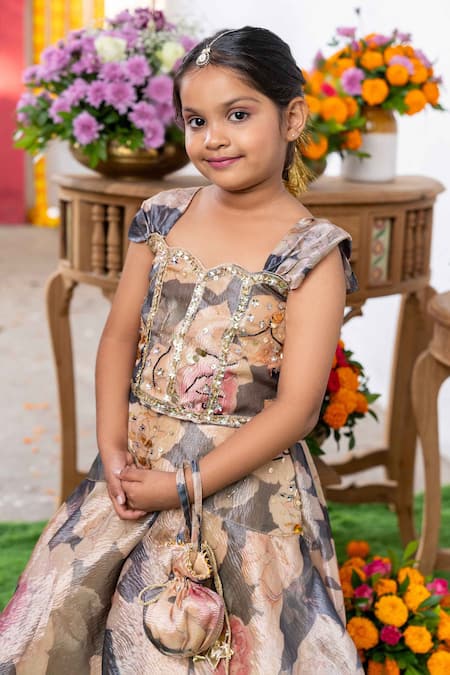 Shop_Kirti Agarwal - Pret N Couture_Gray Tissue, Cotton, Silk Sequins, Embroidery, Applique Floral Lehenga Set _Online_at_Aza_Fashions