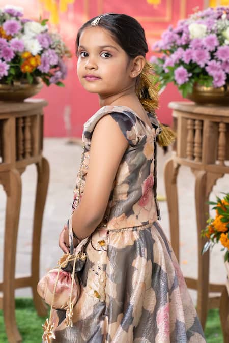 Kirti Agarwal - Pret N Couture_Gray Tissue, Cotton, Silk Sequins, Embroidery, Applique Floral Lehenga Set _at_Aza_Fashions