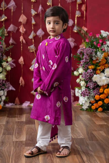 Kirti Agarwal - Pret N Couture_Magenta Cotton, Silk Fabric Flowers, Embroidery Bandhini Tie-dye Kurta Set _Online_at_Aza_Fashions