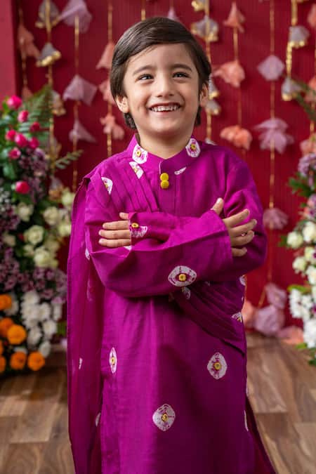 Buy_Kirti Agarwal - Pret N Couture_Magenta Cotton, Silk Fabric Flowers, Embroidery Bandhini Tie-dye Kurta Set _Online_at_Aza_Fashions