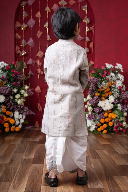 Shop Kirti Agarwal - Pret N Couture Gray Chanderi Silk, Cotton, Linen Sequins, Embroidery Floral Vine Kurta Set at Aza Fashions Shop_Kirti Agarwal - Pret N Couture_Gray Chanderi Silk, Cotton, Linen Sequins, Embroidery Floral Vine Kurta Set _at_Aza_Fashions