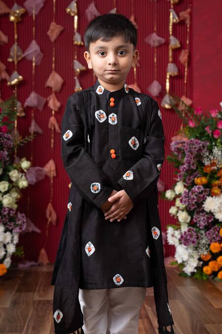 Kirti Agarwal - Pret N Couture_Black Cotton, Silk Embroidery Bandhini Mirror Embellished Kurta Set _Online_at_Aza_Fashions