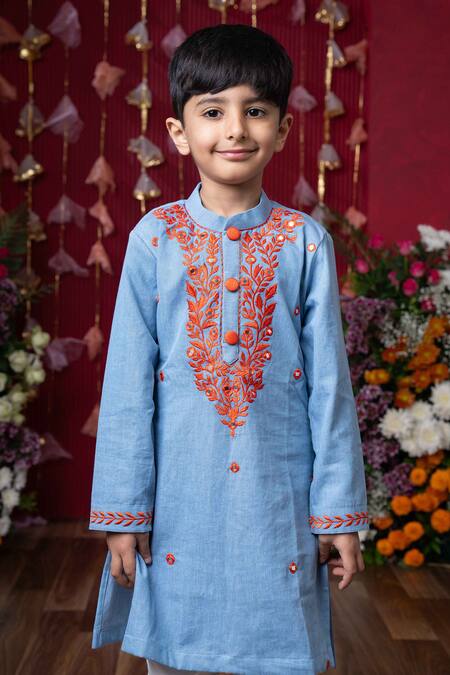 Kirti Agarwal - Pret N Couture_Blue , Satin Embroidery Floral Vine Kurta Set _Online_at_Aza_Fashions