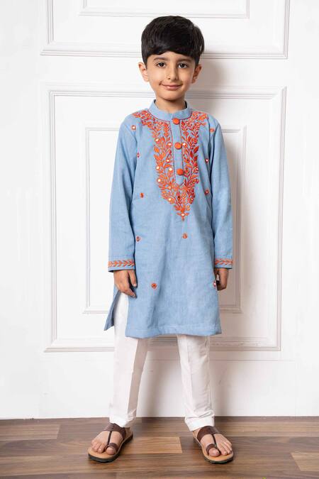 Buy_Kirti Agarwal - Pret N Couture_Blue , Satin Embroidery Floral Vine Kurta Set _Online_at_Aza_Fashions