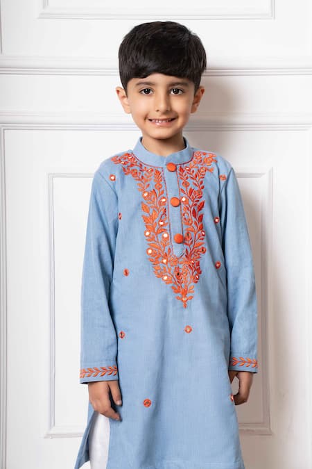 Shop_Kirti Agarwal - Pret N Couture_Blue , Satin Embroidery Floral Vine Kurta Set _Online_at_Aza_Fashions