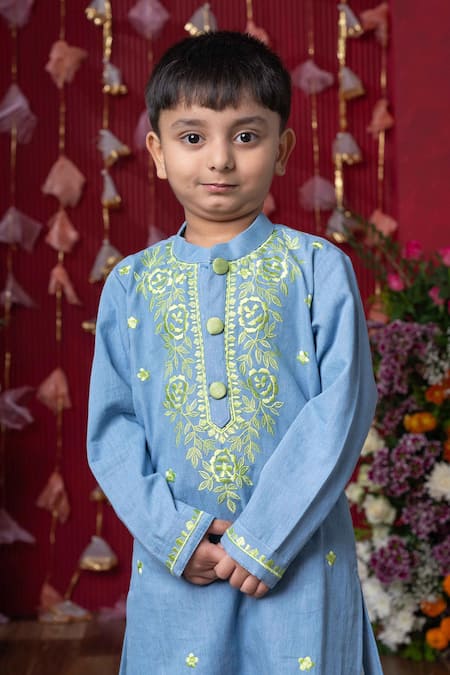 Kirti Agarwal - Pret N Couture Blue Cotton, Silk, Denim Embroidery Floral Vine Kurta Set Online at Aza Fashions Kirti Agarwal - Pret N Couture_Blue Cotton, Silk, Denim Embroidery Floral Vine Kurta Set _Online_at_Aza_Fashions