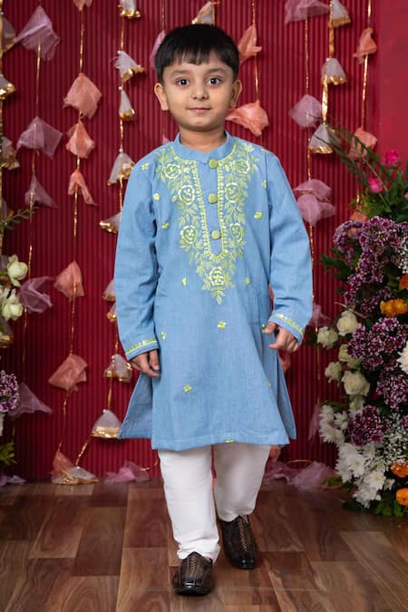 Buy Kirti Agarwal - Pret N Couture Blue Cotton, Silk, Denim Embroidery Floral Vine Kurta Set Online at Aza Fashions Buy_Kirti Agarwal - Pret N Couture_Blue Cotton, Silk, Denim Embroidery Floral Vine Kurta Set _Online_at_Aza_Fashions