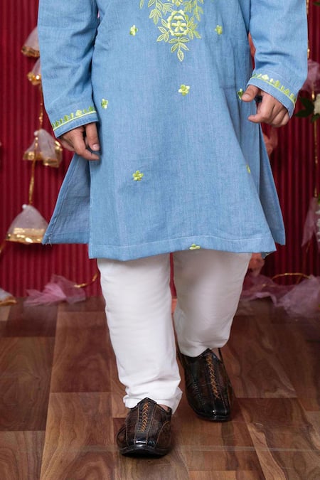 Shop Kirti Agarwal - Pret N Couture Blue Cotton, Silk, Denim Embroidery Floral Vine Kurta Set Online at Aza Fashions Shop_Kirti Agarwal - Pret N Couture_Blue Cotton, Silk, Denim Embroidery Floral Vine Kurta Set _Online_at_Aza_Fashions