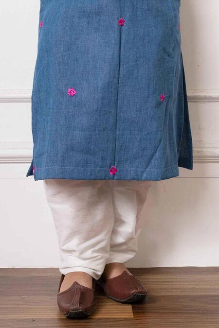 Kirti Agarwal - Pret N Couture_Blue , Satin Embroidery Contrast Floral Kurta Set _Online_at_Aza_Fashions