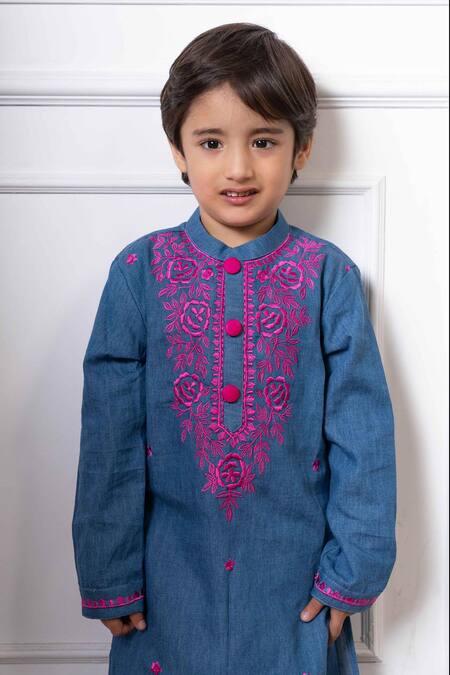 Buy_Kirti Agarwal - Pret N Couture_Blue , Satin Embroidery Contrast Floral Kurta Set _Online_at_Aza_Fashions