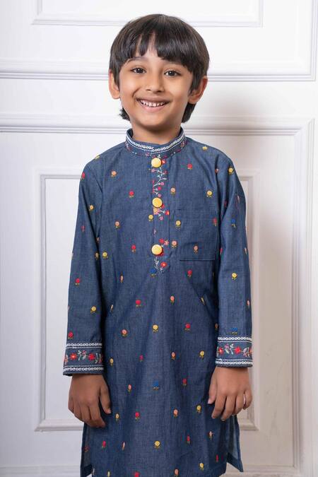 Buy_Kirti Agarwal - Pret N Couture_Blue , Satin Embroidery Floral Kurta Set _Online_at_Aza_Fashions