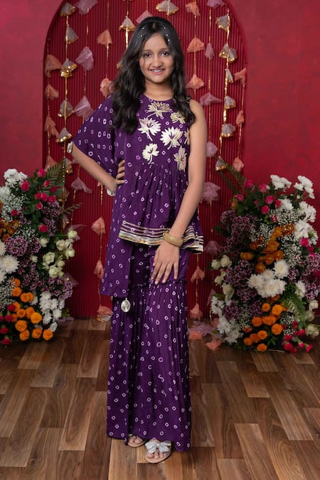Kirti Agarwal - Pret N Couture Purple Crepe, Chiffon, Cotton Embroidery, Gota Patti Bandhani Print Kurta Set Online at Aza Fashions Kirti Agarwal - Pret N Couture_Purple Crepe, Chiffon, Cotton Embroidery, Gota Patti Bandhani Print Kurta Set _Online_at_Aza_Fashions