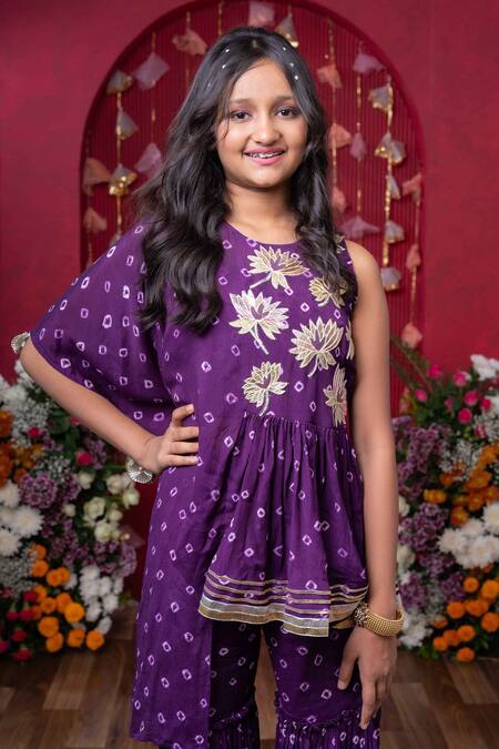 Buy Kirti Agarwal - Pret N Couture Purple Crepe, Chiffon, Cotton Embroidery, Gota Patti Bandhani Print Kurta Set Online at Aza Fashions Buy_Kirti Agarwal - Pret N Couture_Purple Crepe, Chiffon, Cotton Embroidery, Gota Patti Bandhani Print Kurta Set _Online_at_Aza_Fashions