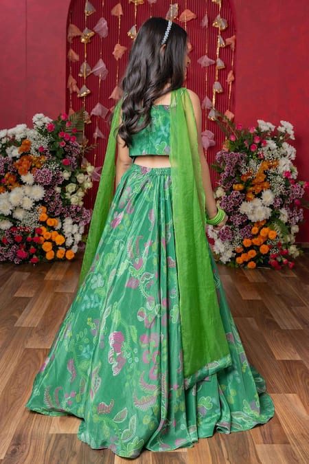 Shop Kirti Agarwal - Pret N Couture Green Crepe, Organza, Cotton Beads, Sequins Floral Embroidered Lehenga Set at Aza Fashions Shop_Kirti Agarwal - Pret N Couture_Green Crepe, Organza, Cotton Beads, Sequins Floral Embroidered Lehenga Set _at_Aza_Fashions