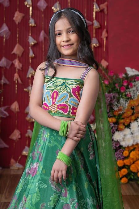 Kirti Agarwal - Pret N Couture Green Crepe, Organza, Cotton Beads, Sequins Floral Embroidered Lehenga Set Online at Aza Fashions Kirti Agarwal - Pret N Couture_Green Crepe, Organza, Cotton Beads, Sequins Floral Embroidered Lehenga Set _Online_at_Aza_Fashions