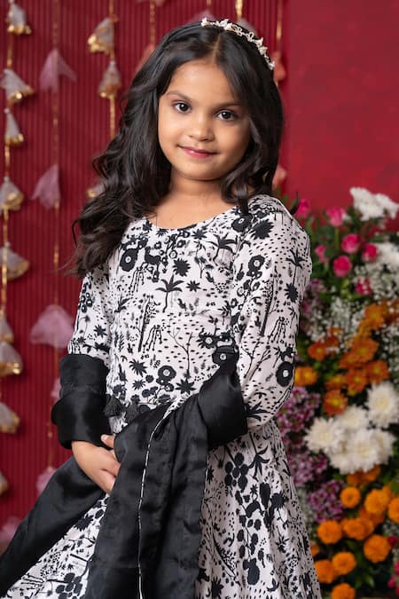 Kirti Agarwal - Pret N Couture_Black Organza, Crepe, Cotton, Linen Embroidery, Floral Print Flared Lehenga Set _Online_at_Aza_Fashions