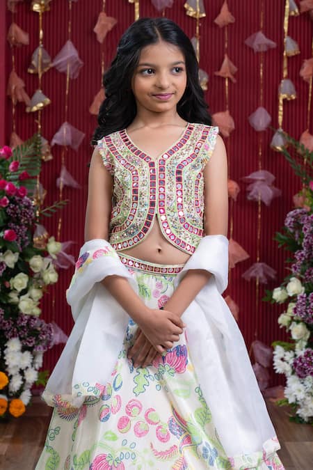 Buy_Kirti Agarwal - Pret N Couture_Off White Crepe, Linen Mirrors, Sequins Floral Printed Embellished Lehenga Set _Online_at_Aza_Fashions