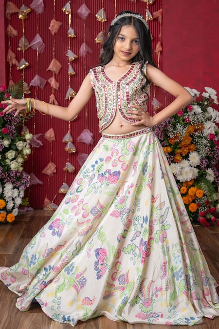 Shop_Kirti Agarwal - Pret N Couture_Off White Crepe, Linen Mirrors, Sequins Floral Printed Embellished Lehenga Set _Online_at_Aza_Fashions