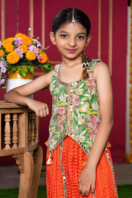 Kirti Agarwal - Pret N Couture Green Crepe Mirrors Floral Embroidered Peplum Top And Sharara Set Online at Aza Fashions Kirti Agarwal - Pret N Couture_Green Crepe Mirrors Floral Embroidered Peplum Top And Sharara Set _Online_at_Aza_Fashions