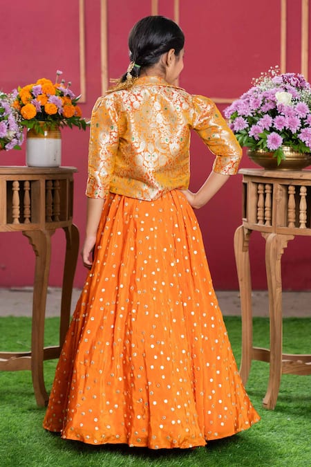 Shop Kirti Agarwal - Pret N Couture Orange Crepe, Brocade, Cotton Gota Patti Embroidered Top And Lehenga Set at Aza Fashions Shop_Kirti Agarwal - Pret N Couture_Orange Crepe, Brocade, Cotton Gota Patti Embroidered Top And Lehenga Set _at_Aza_Fashions