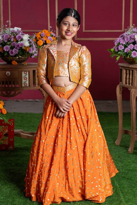 Kirti Agarwal - Pret N Couture Orange Crepe, Brocade, Cotton Gota Patti Embroidered Top And Lehenga Set Online at Aza Fashions Kirti Agarwal - Pret N Couture_Orange Crepe, Brocade, Cotton Gota Patti Embroidered Top And Lehenga Set _Online_at_Aza_Fashions