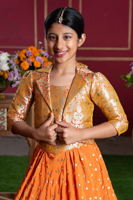 Buy Kirti Agarwal - Pret N Couture Orange Crepe, Brocade, Cotton Gota Patti Embroidered Top And Lehenga Set Online at Aza Fashions Buy_Kirti Agarwal - Pret N Couture_Orange Crepe, Brocade, Cotton Gota Patti Embroidered Top And Lehenga Set _Online_at_Aza_Fashions