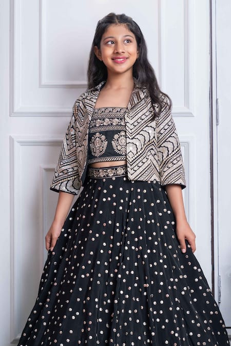 Buy_Kirti Agarwal - Pret N Couture_Black Silk, Crepe, Linen Embroidery Thread Jacket Top And Lehenga Set _Online_at_Aza_Fashions