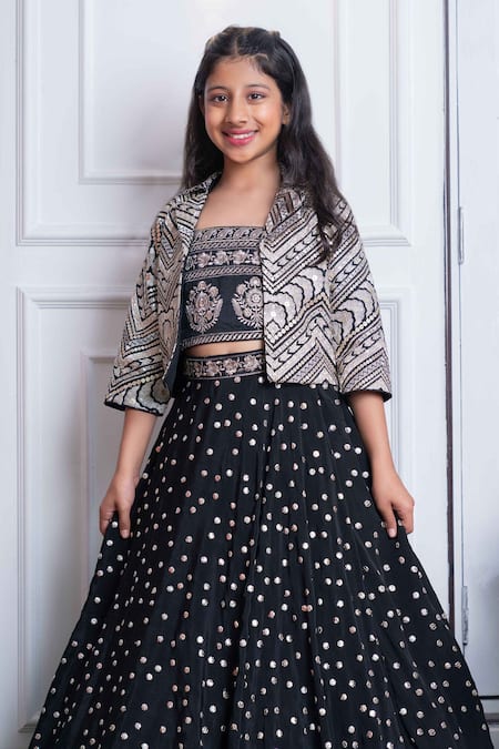 Shop_Kirti Agarwal - Pret N Couture_Black Silk, Crepe, Linen Embroidery Thread Jacket Top And Lehenga Set _Online_at_Aza_Fashions