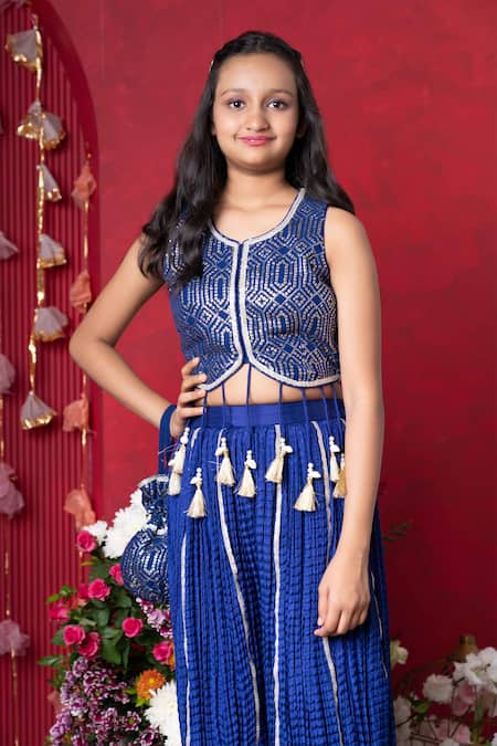 Kirti Agarwal - Pret N Couture_Blue Georgette, Crepe, Cotton Sequins, Embroidered Crop Top And Sharara Set _Online_at_Aza_Fashions