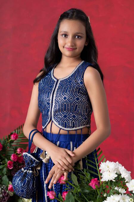 Buy_Kirti Agarwal - Pret N Couture_Blue Georgette, Crepe, Cotton Sequins, Embroidered Crop Top And Sharara Set _Online_at_Aza_Fashions