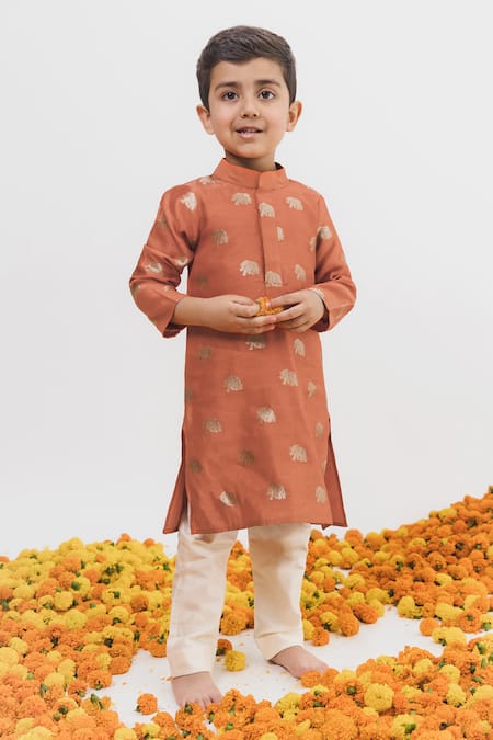 Chotibuti X AZA_Orange Chanderi Embroidery Elephant Woven Kurta Set _Online_at_Aza_Fashions