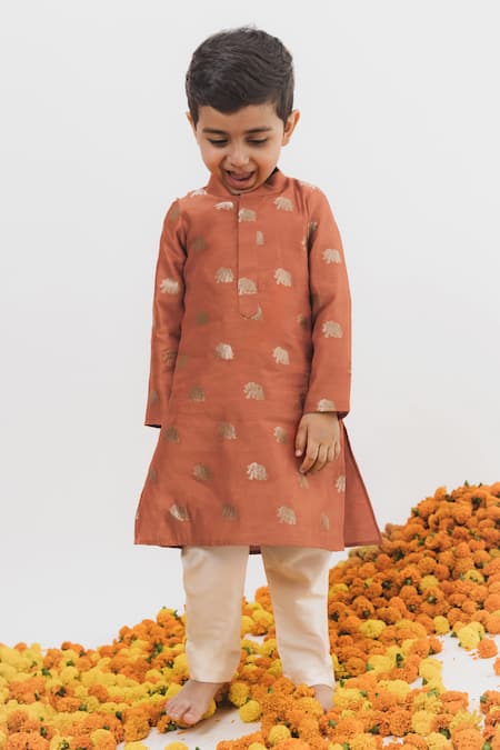 Shop_Chotibuti X AZA_Orange Chanderi Embroidery Elephant Woven Kurta Set _Online_at_Aza_Fashions