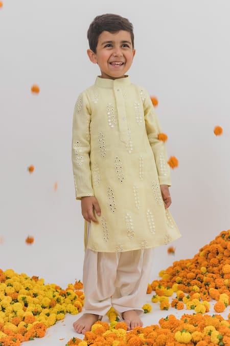 Chotibuti X AZA_Yellow Chanderi Mirrors Embroidered Kurta Set _Online_at_Aza_Fashions