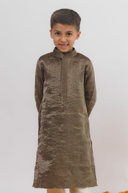 Chotibuti X AZA_Brown Tissue, Chanderi, Cotton Linear Woven Kurta Set _Online_at_Aza_Fashions