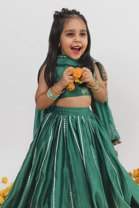 Chotibuti X AZA_Green Chanderi, Linen Gota Patti Embellished Lehenga Set _Online_at_Aza_Fashions