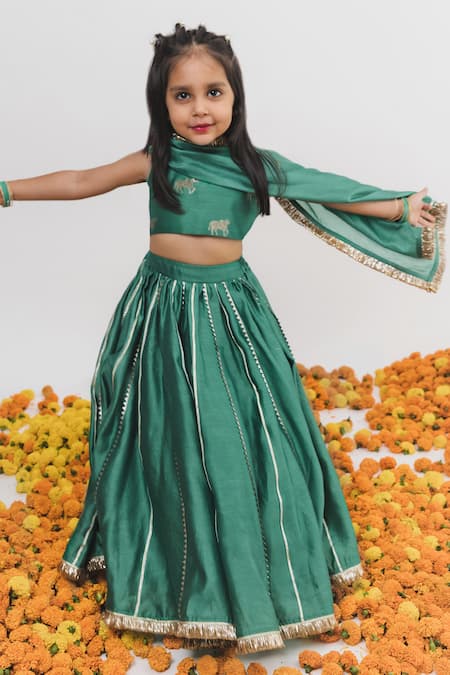 Buy_Chotibuti X AZA_Green Chanderi, Linen Gota Patti Embellished Lehenga Set _Online_at_Aza_Fashions