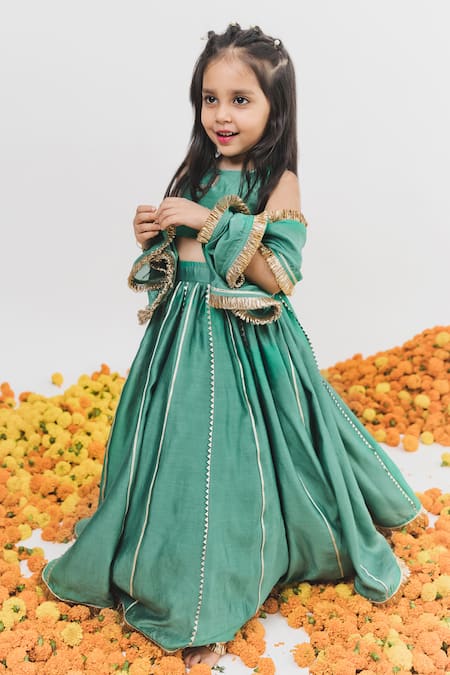 Shop_Chotibuti X AZA_Green Chanderi, Linen Gota Patti Embellished Lehenga Set _Online_at_Aza_Fashions