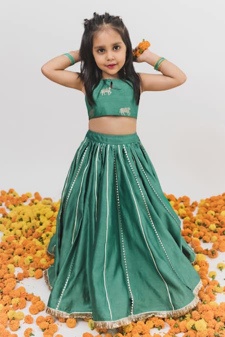 Chotibuti X AZA_Green Chanderi, Linen Gota Patti Embellished Lehenga Set _at_Aza_Fashions