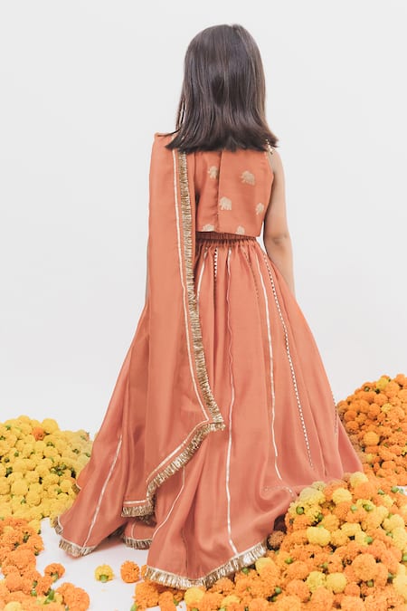 Shop_Chotibuti X AZA_Orange Chanderi, Linen Gota Patti, Lace Embellished Lehenga Set _at_Aza_Fashions