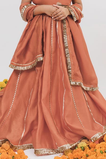 Chotibuti X AZA_Orange Chanderi, Linen Gota Patti, Lace Embellished Lehenga Set _Online_at_Aza_Fashions