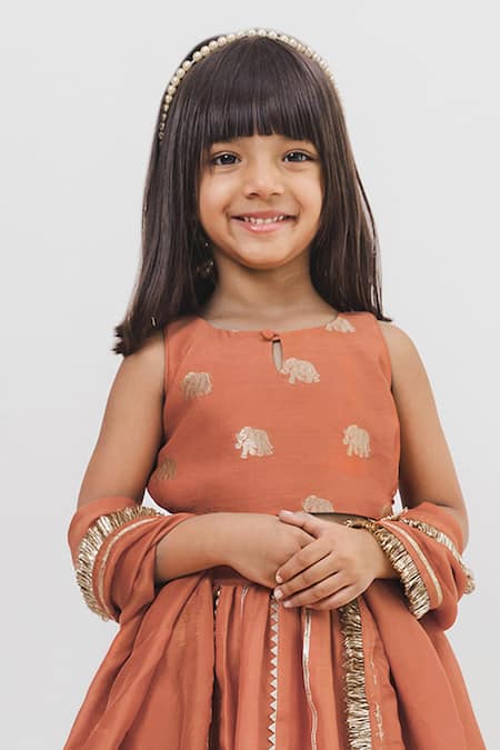 Buy_Chotibuti X AZA_Orange Chanderi, Linen Gota Patti, Lace Embellished Lehenga Set _Online_at_Aza_Fashions