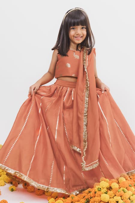 Shop_Chotibuti X AZA_Orange Chanderi, Linen Gota Patti, Lace Embellished Lehenga Set _Online_at_Aza_Fashions